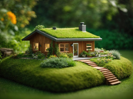 Green and environmentally friendly housing concept. Miniature wooden house in spring grass, moss and ferns on a sunny day. Eco house.の写真素材