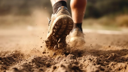 Men wear walking shoes on the dirt road.shoes closeupの写真素材