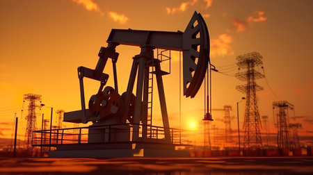 The oil pumping units by lakeside sunriseの写真素材