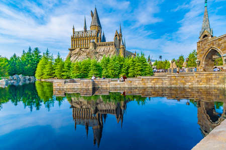 OSAKA, JAPAN - AUGUST 12, 2018: Photo of Hogwarts Castle. The Wizarding World of Harry Potter in Universal Studios Japan (USJ). Universal Studios Japan is a fun and famous theme park in Osaka, Japan.のeditorial素材
