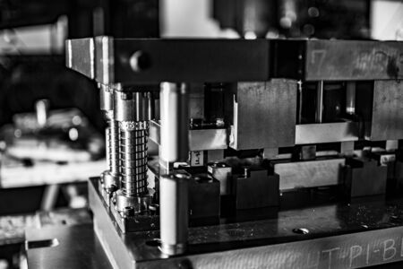 Sheet Metal Stamping Tool Die for Automotive Precision Parts on the Numeric Control Milling Machine Table. Tandem Stamping System. At a High Quality Technology Factory.の写真素材
