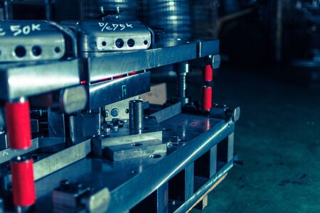 Sheet Metal Stamping Tool Die for Automotive Precision Parts on the Numeric Control Milling Machine Table. Tandem Stamping System. At a High Quality Technology Factory.の写真素材