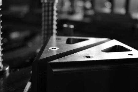 Sheet Metal Stamping Tool Die for Automotive Precision Parts on the Numeric Control Milling Machine Table. Tandem Stamping System. At a High Quality Technology Factory Black and White Photography.の写真素材