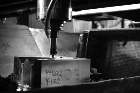 Sheet Metal Stamping Tool Die for Automotive Precision Parts on the Numeric Control Milling Machine Table. Tandem Stamping System. At a High Quality Technology Factory.Â Black and White Photography.の写真素材