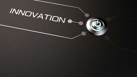 Start button with the word INNOVATION on hair line steel texture background. 3D illustration. 3D CG....