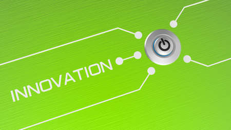 Start button with the word INNOVATION on hair line steel texture background. 3D illustration. 3D CG....