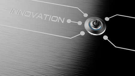 Start button with the word INNOVATION on hair line steel texture background. 3D illustration. 3D CG....