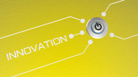 Start button with the word INNOVATION on hair line steel texture background. 3D illustration. 3D CG....