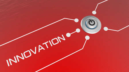 Start button with the word INNOVATION on hair line steel texture background. 3D illustration. 3D CG. High resolution.の写真素材