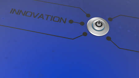 Start button with the word INNOVATION on hair line steel texture background. 3D illustration. 3D CG....