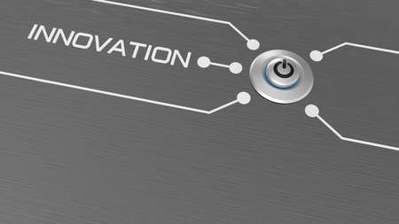 Start button with the word INNOVATION on hair line steel texture background. 3D illustration. 3D CG....