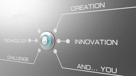 Start button with the word PEOPLE, TECHNOLOGY, CHALLENGE, CREATION, INNOVATION AND YOU on the...