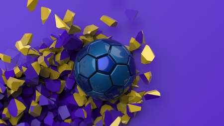 Soccer ball breaking with great force through a wall under black-white background. 3D high quality rendering. 3D illustration.の写真素材