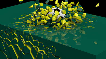 Soccer ball breaking with great force through a wall under black-white background. 3D high quality rendering. 3D illustration.の写真素材