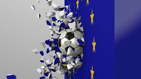 Soccer ball breaking with great force through a wall under black-white background. 3D high quality rendering. 3D illustration.の写真素材
