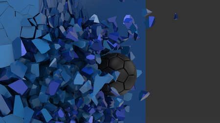 Soccer ball breaking with great force through a wall under black-white background. 3D high quality rendering. 3D illustration.の写真素材