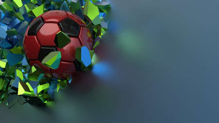 Soccer ball breaking with great force through a wall under black-white background. 3D high quality rendering. 3D illustration.の写真素材