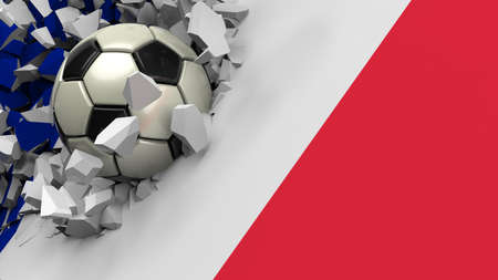 Soccer ball breaking with great force through a wall under black-white background. 3D high quality rendering. 3D illustration.の写真素材