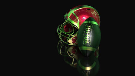 American football Gold-Red helmet and Gold-Black Ball under black-green laser lighting. 3D...