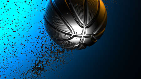 Black-Silver Basketball with Particles under Orange-Blue Linghting Background. 3D illustration. 3D high quality rendering.の写真素材
