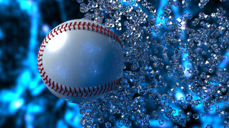 Baseball with diamond particles under blue flare lighting. 3D illustration. 3D CG. 3D high quality rendering.の写真素材