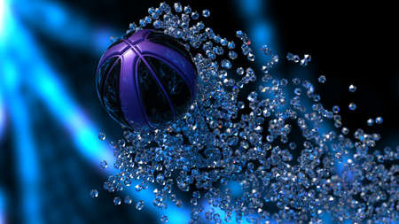 Black-Purple Basketball with Diamond Particles under blue flare lighting. 3D illustration. 3D high...