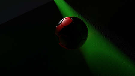 Black-Red Soccer ball on the green metallic painted wall under slit light. 3D illustration. 3D CG. 3D high quality rendering.の写真素材