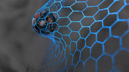 Clear Glass Soccer Ball in the Goal Net under black-white lighting with dark  toned foggy smoke background. 3D illustration. 3D CG. High resolution.の写真素材
