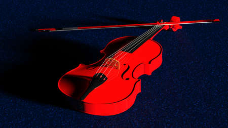 Red classic violin on dark blue asphalt-surfaced road under spot lighting background. 3D sketch design and illustration. 3D high quality rendering.の写真素材