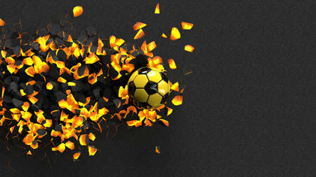 Black-Yellow Soccer ball breaking with great force through a hot iron wall under spot light background. 3D high quality rendering. 3D illustration.の写真素材