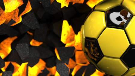 Black-Yellow Soccer ball breaking with great force through a hot iron wall under spot light background. 3D high quality rendering. 3D illustration.の写真素材
