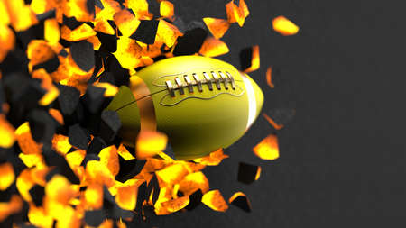 Gold-Yellow American Foot ball ball on cracked white hot iron wall under black background. 3D...