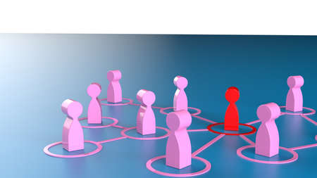 Chain of red human figurines connected by pink lines. Cooperation and interaction between people and employees. Dissemination of information in society, rumors. Social contacts. 3D illustration CG.の写真素材