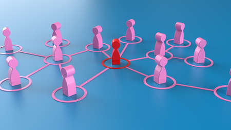 Chain of red human figurines connected by pink lines. Cooperation and interaction between people and employees. Dissemination of information in society, rumors. Social contacts. 3D illustration CG.の写真素材
