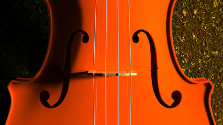 Orange classic violin on dark yellow plate under spot lighting background. 3D sketch design and illustration. 3D high quality rendering.の写真素材