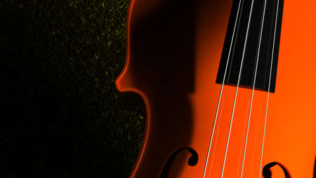 Orange classic violin on dark yellow plate under spot lighting background. 3D sketch design and illustration. 3D high quality rendering.の写真素材
