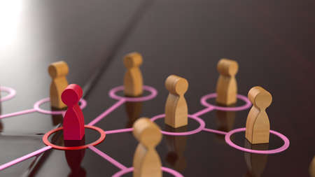 Chain of woody human figurines connected by pink lines. Cooperation and interaction between people...
