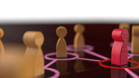 Chain of woody human figurines connected by pink lines. Cooperation and interaction between people...