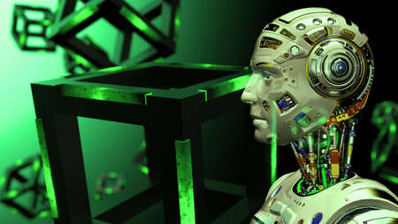 Multi Exposure of AI Robot and Green illuminated Hot Iron Cube. Blockchain network technology concept illustration. 3D illustration. 3D high quality rendering.の写真素材