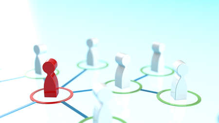 Chain of human figurines connected by green lines. Cooperation and interaction between people and...