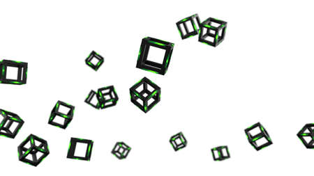 Green illuminated Hot Iron Cube under white background. Blockchain network technology concept illustration. 3D illustration. 3D high quality rendering. 3D CG.の写真素材