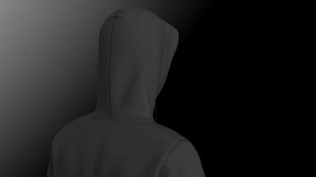 Anonimous hacker in shadow under spot lighting background. Dangorous criminal concept image. 3D CG. 3D illustration. 3D high quality rendering.の写真素材