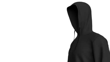 Anonimous hacker in shadow under spot lighting background. Dangorous criminal concept image. 3D CG. 3D illustration. 3D high quality rendering.の写真素材