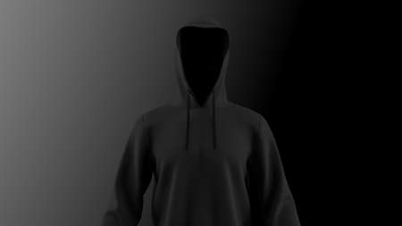 Anonimous hacker in shadow under spot lighting background. Dangorous criminal concept image. 3D CG. 3D illustration. 3D high quality rendering.の写真素材