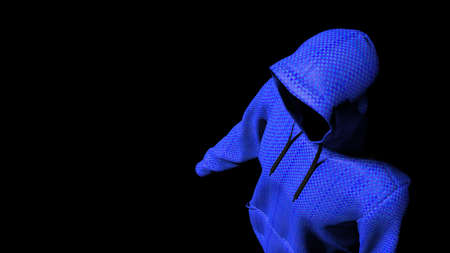 Anonimous hacker with blue hoodie in shadow under spot lighting background. Dangorous criminal concept image. 3D CG. 3D illustration. 3D high quality rendering.の写真素材