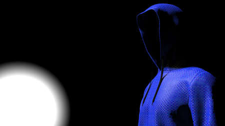Anonimous hacker with blue hoodie in shadow under spot lighting background. Dangorous criminal concept image. 3D CG. 3D illustration. 3D high quality rendering.の写真素材