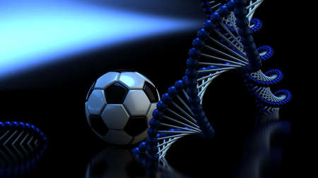 Black-White Soccer Ball and Blue-Painted DNA molecule under Blue Background. 3D CG. 3D illustration. 3D high quality rendering.の写真素材