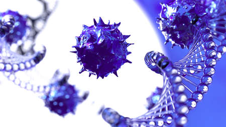 Red Virus, DNA, flu, view of a virus under a microscope, infectious disease in blue background. 3D...