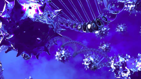Red Virus, DNA, flu, view of a virus under a microscope, infectious disease in blue background. 3D...