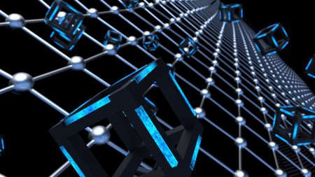 Blue illuminated Hot Iron Black Cube with Atom Plane Structure under Blue Flash Background....